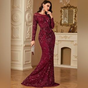 Elegant Burgundy Sequin Evening Gown
